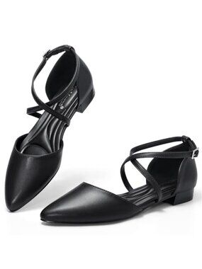 Women's Pointed Toe Flats with Adjustable Ankle Strap, Low Heel, Leather, Work